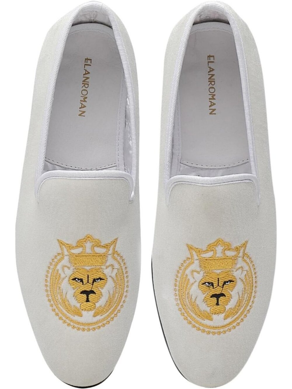 ELANROMAN Men's White Velvet Loafers Embroidered Lion Crown Formal Party Shoes
